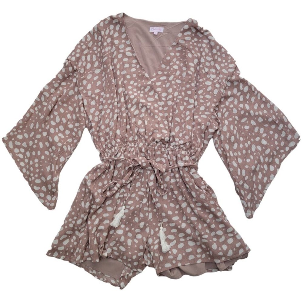 Pink Lily Romper with Bell Sleeves, Tasseled Tie Size-XL